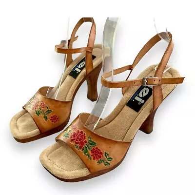 90s Y2k Leather Wooden Platform Heels Floral Roses Embossed Boho Cottage 6/6.5 • $38