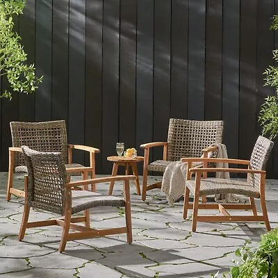 Alyssa Outdoor Mid Century Gray Wicker Club Chairs With Wood Frame (Set Of 4) • $482.16