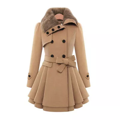 Cozy Women Ladies Fur Collared Winter Long Peacoat Coat Trench Outwear Jacket • £29.62