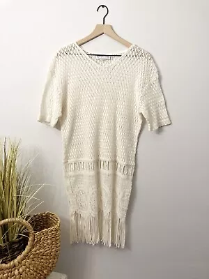 Vintage Medium 100% Cotton Ivory Knitted Fringe Dress Cover Up Overlay Layering • $32