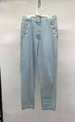 Zara Womens Blue Denim Light Wash Slash Pockets Straight Leg Jeans Size Medium • $12.99