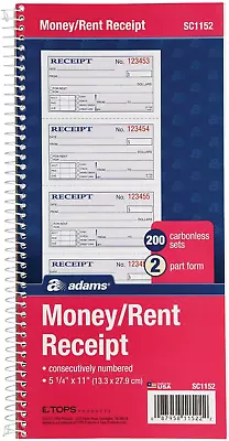 Money And Rent Receipt Book 2-Part Carbonless 5-1/4  X 11  Spiral Bound 2 Se • $11.61