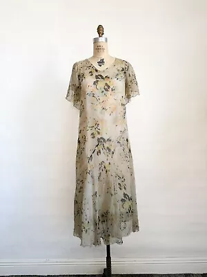 Vintage 1920s 30s Sheer Floral Silk Georgette Bias Cut Flounce Capelet Dress S • $58