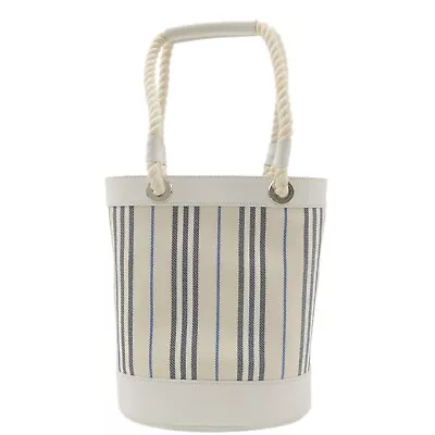 Authentic BURBERRY Canvas Leather Tote Bag Hand Bag White Stripe Used F/S • $313.50