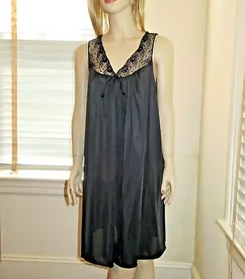 Vintage Vanity Fair Black Nylon Nightgown Size Large With Lace • $65