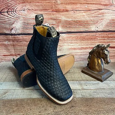 Men Western Cowboy Square Toe Ankle Woven Boot Botin Vaquero Black Petatillo Rod • $131.18
