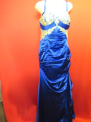 FLIRT MAGGIE SOTTERO Royal Blue Satin Yellow Stone Trim Prom Pageant Dress 14 • $204.99