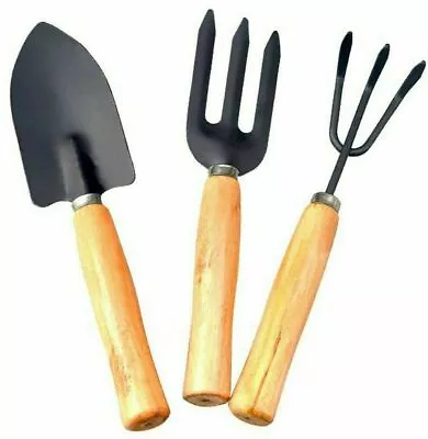 3pc Set Mini Wooden Gardening Hand Tool Cultivator Fork Trowel Shovel Kit Garden • £2.99