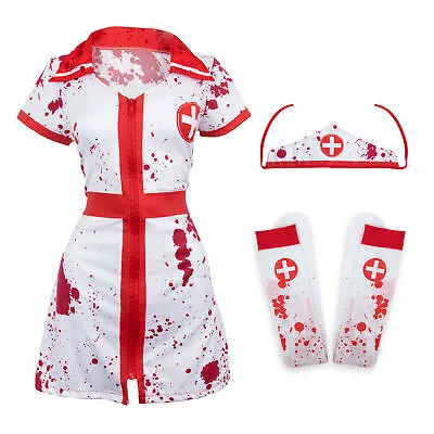 Ladies Horror Nurse Costume With Bloody Stockings Hospital Halloween Fancy Dress • £15.99