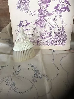 Vintage Crinoline Lady Embroidered Set Crumb Brush Lavender Music Doily Set • $95