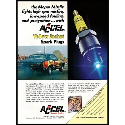 1973 Accel Yellow Jacket Spark Plugs Vintage Print Ad Mopar Missile Wall Art • $10.97