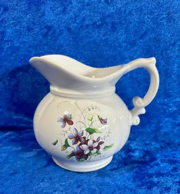 Vintage McCoy Pottery Pitcher 7528 White With Purple Violets 5.5  Tall • $17.95