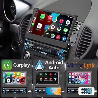 Single 1DIN 7  Flip Out Car Stereo BT CarPlay FM Radio Touch Screen MP5 Player • £79.99