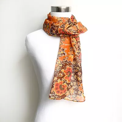 Cejon Silk Chiffon Scarf  13 X 58 Floral Earthy Autumn Light Sheer Orange Brown • $11.95