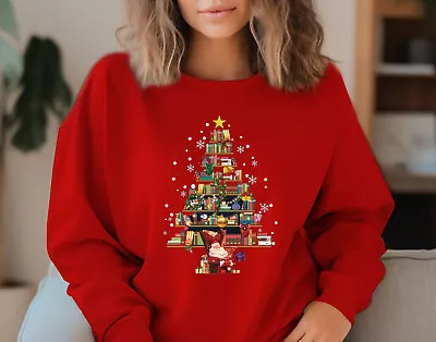 MERRY CHRISTMAS Santa Custom Christmas Unisex Shirt Xmas Gift Bookshelf (SWT) • £14.99