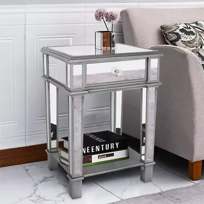 2 Tier Luxury Silver Mirrored Side Table Nightstand W/ Drawer Sofa Side Bedside • $123.99