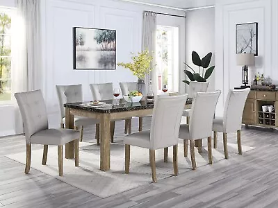 NEW Modern Furniture Marble Oak & Tufted Gray PU Chairs - 9 Piece Dining Set NB1 • $1896.78