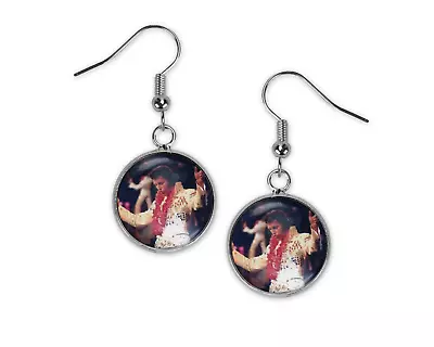 Elvis Presley Silver Glass Dangle Earrings King Rock Roll Fan Gift Idea Fan   • $8.99