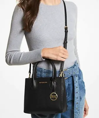 Michael Kors Mercer Pebble Leather Messenger Crossbody Bag Black Gold • $95