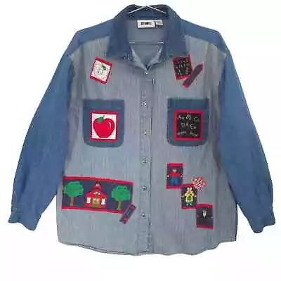 Vintage Gitano Shirt Womens Large Blue Teachercore Patchwork Chambray Button Up • $19.99