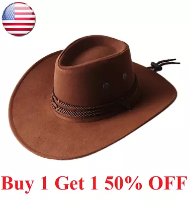 Mens Faux Leather Fashion Bucket Cap Cowboy Fedora Hat Wide Brim  Outdoor Hats • $11.95