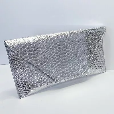 Large Envelope Silver Snakeskin Design Clutch Detachable Button Strap Purse Bag • $31.99