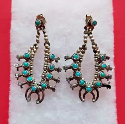 Vintage Navajo Silver Squash Blossom Turquoise Dangle Pierced Earrings • $99.99