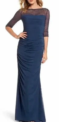 La Femme Navy Full Ruched Embellished Mesh 3/4 Sleeve Stretch Jersey Gown Size10 • $95