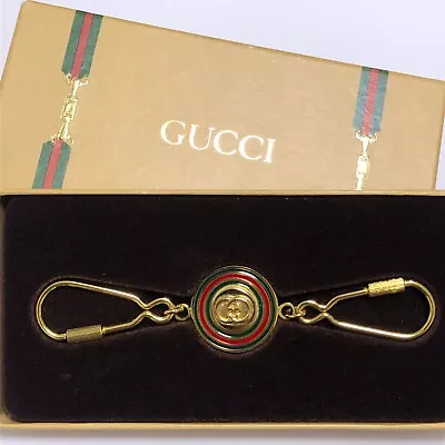 VINTAGE GUCCI Key Ring Chain Fob W/ Original Box Gold Tone Italy Interlocking GG • $139.97