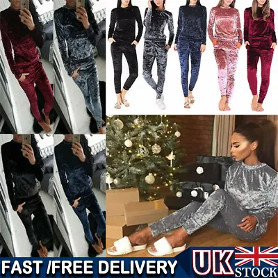 Womens Ladies Crushed Velvet Lounge Suit Set Sweatshirt Lounge Wear Tracksuit UK • £15.99