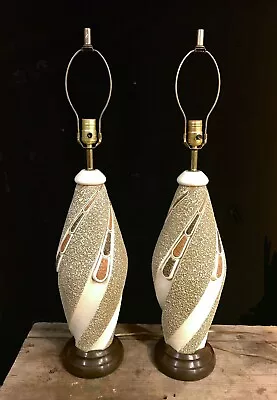 Pair Of Large Vintage Mid Century Textured Art Pottery Ceramic Twist Table Lamps • $250