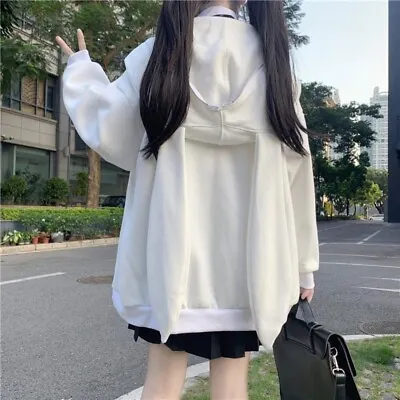 Kawaii Women Black White Rabbit Ear Hoodie Pullover Zipper Top Coat Clothing • $22.05