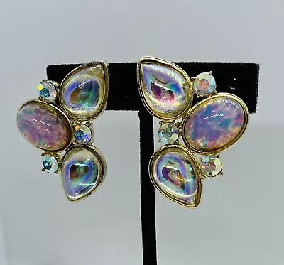 Vintage Earrings Fire Opal Harlequin Glass  Aurora Glass Open Clip Backs • $14