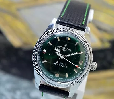 Vintage Breitling Green Dial 17 Jewels Hand Wind Mechanical Men's Wrist Watch • $89.99