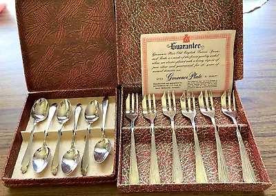 Silver Plate Vintage Set Of Cake Forks & Set Of Coffee Spoons In Boxes As-found • $25