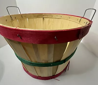 Vintage 14x10 Prim Wooden Apple Orchard 1/2 Bushel Basket Green & Red W/handles • $25