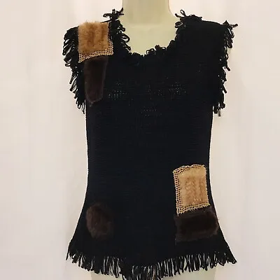 Alberto Makali Black Sleeveless Nylon Sweater Fringing Mink Appliques Sz M Boho • $24.50
