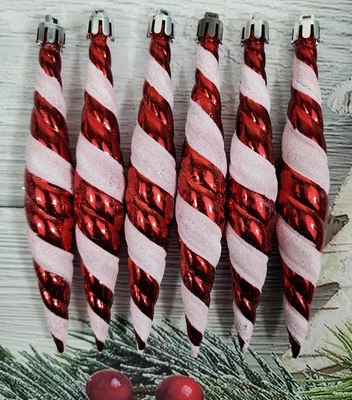 $11.89 • Buy Red White Spiral Swirl Candy Cane Peppermint Ornaments Glitter Decor Christmas 6