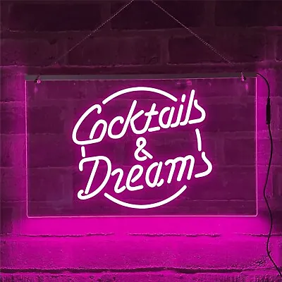 Cocktails And Dreams LED Neon Light Up Sign Illuminated Home Gin Bar Pub Sign • £32.99