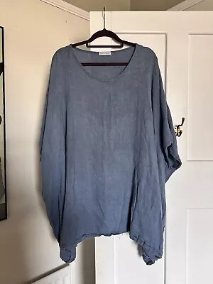 One Size (22/24/26/28) Made In Italy Blue Linen Lagenlook Oversize Top • £2.99