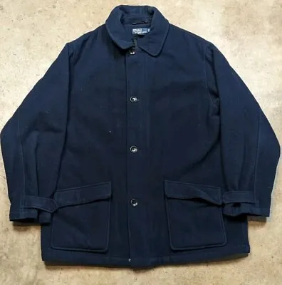 POLO RALPH LAUREN Vintage 90s  Overcoat Heavy Peacoat Wool Navy Blue Large XL • $73.82