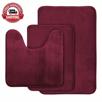 Memory Foam Bath Rug Bathroom Mat Set Of 3 Pcs Burgundy Red • $53.49