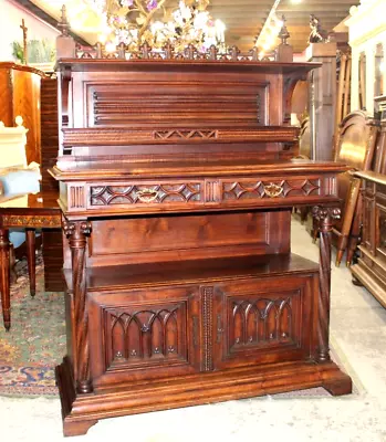 French Antique Gothic Walnut Wood Server / Sideboard • $2800