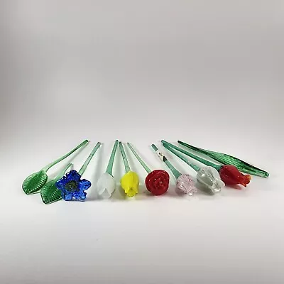 Bouquet Of 9 Blown Art Glass Long Stem 7 Flowers 2 Leaves Murano Style Charming • $89.97