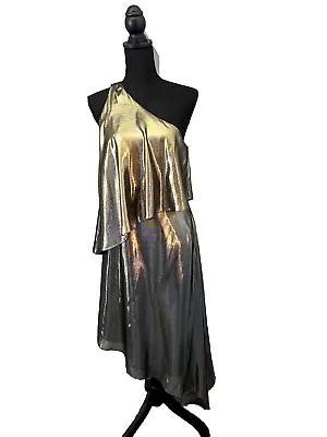Halston Heritage Cocktail Dress One Shoulder Metallic Gold Size 6 Asymmetrical • $196
