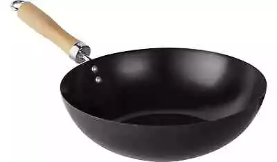 Home 27cm Non Stick Carbon Steel Wok Heat Resistant Rubberwood Handle • £4.50