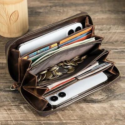Men's RFID Oil Leather Clutch Bag Wallet Coins 2 Phone 12 Card Holder Organizer • $42.89