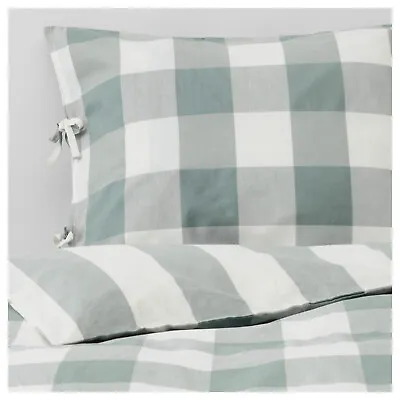 New Ikea EMMIE RUTA King Size Duvet/Quilt Cover + 2 P/cases .. Light Green/White • £22