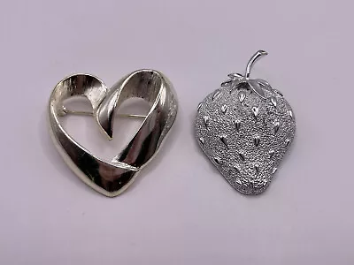 Sarah Coventry Brooch Silvertone Strawberry Silver Heart Brooch Pin • $6