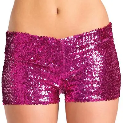 Hot Pink Sequin Mini Shorts Low Rise Pull On Metallic Dance Costume 1676 Large • $24.99